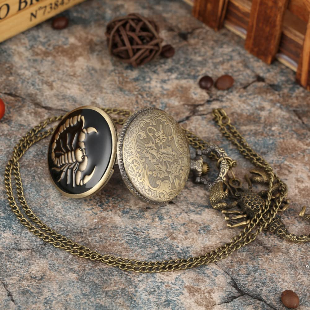 JFNHUTL Reloj de Bolsillo de Cuarzo de Bronce con diseño de escorpión en 3D Antiguo y Retro, Colgante, Collar, Cadena, Reloj, joyería, Regalo con Accesorio de escorpión