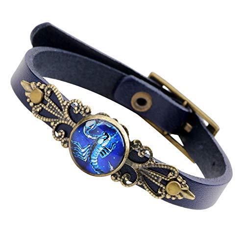 Pareja Pulsera de Cuero, Pulsera de Cuero Retro Azul Creative Fashion Wild Twelve constelation Escorpio Estudiante Pareja Unisex cinturón Pulsera Hebilla Accesorios de Ropa Personalizadas Joyas