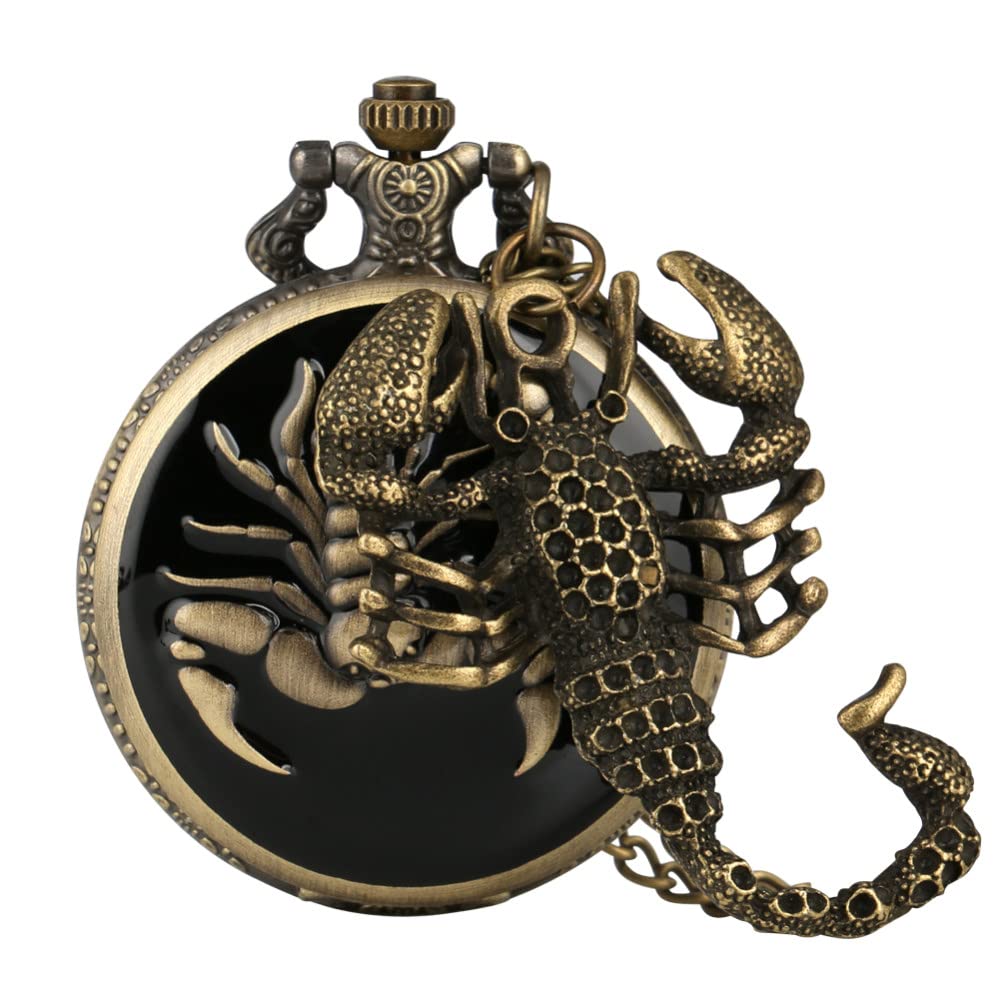 JFNHUTL Reloj de Bolsillo de Cuarzo de Bronce con diseño de escorpión en 3D Antiguo y Retro, Colgante, Collar, Cadena, Reloj, joyería, Regalo con Accesorio de escorpión