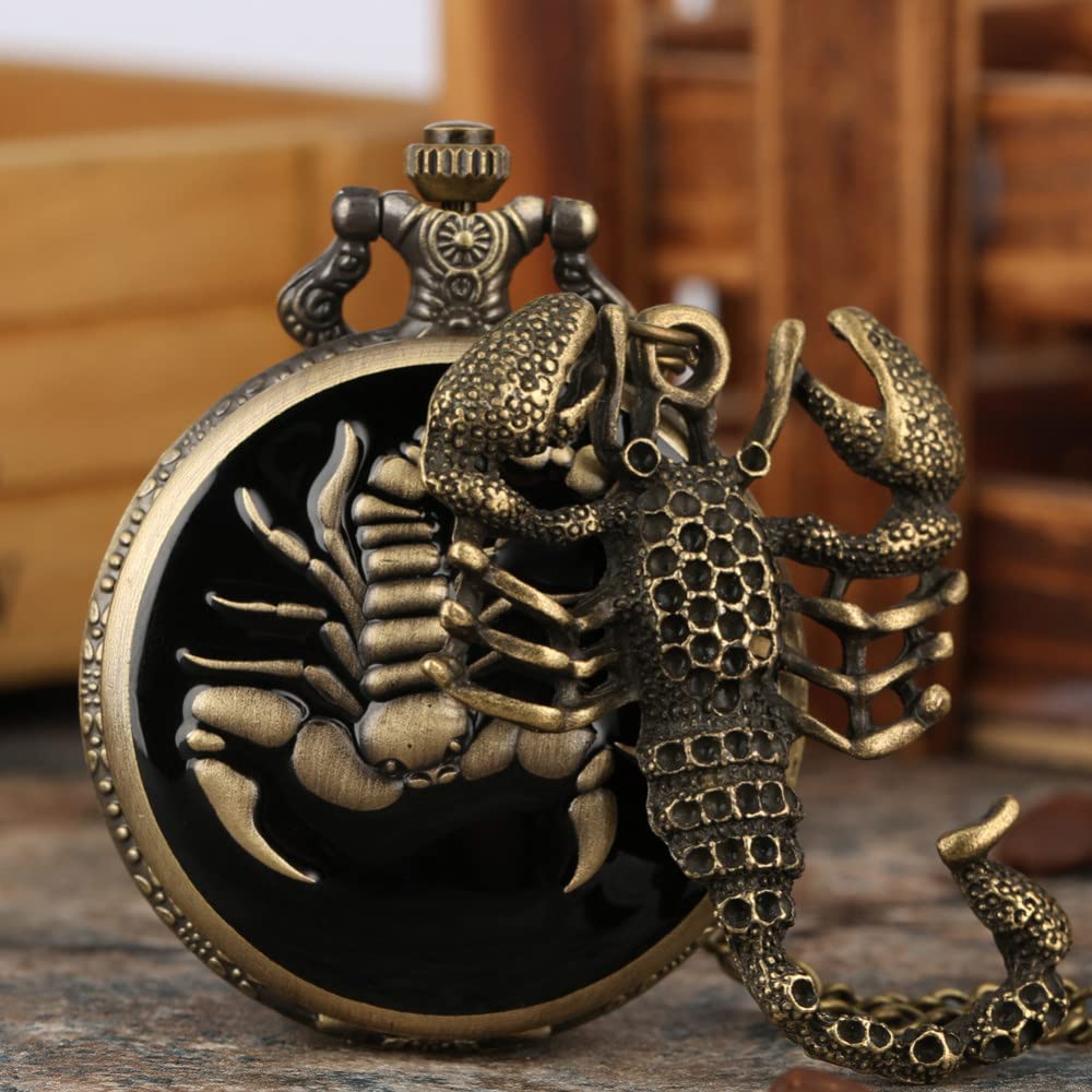 JFNHUTL Reloj de Bolsillo de Cuarzo de Bronce con diseño de escorpión en 3D Antiguo y Retro, Colgante, Collar, Cadena, Reloj, joyería, Regalo con Accesorio de escorpión