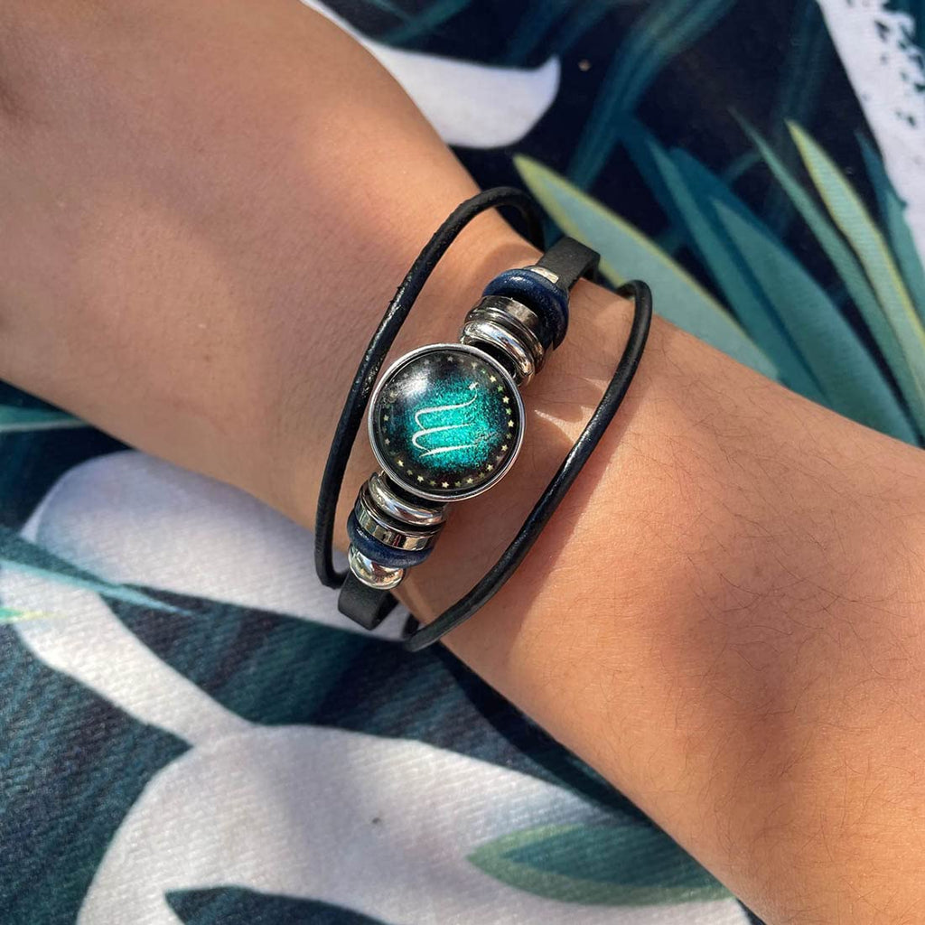 Wedity Retro Layered 12 Constellation Pulsera Pareja Estudiante Pulsera de cuero Constelación Accesorios de mano para mujeres y hombres (Escorpio)