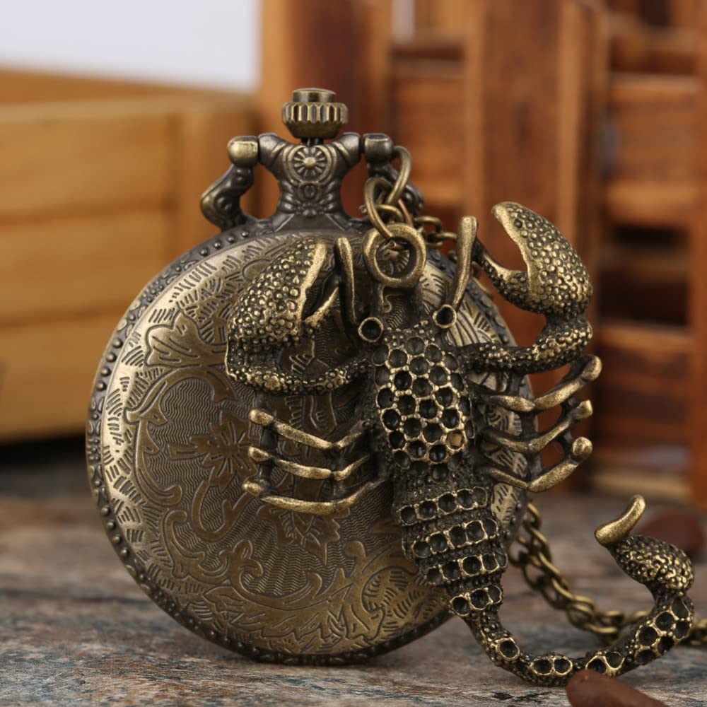 JFNHUTL Reloj de Bolsillo de Cuarzo de Bronce con diseño de escorpión en 3D Antiguo y Retro, Colgante, Collar, Cadena, Reloj, joyería, Regalo con Accesorio de escorpión