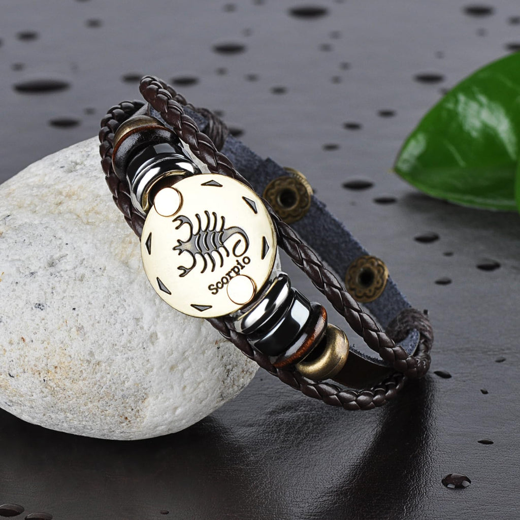 Unendlich U Juego de Pulseras Hombre de Cuero Pulsera 12 Constelaciones Pulsera Trenzada Piel Multi Layer Negro Pulseras, 12 Horóscopo Escorpio