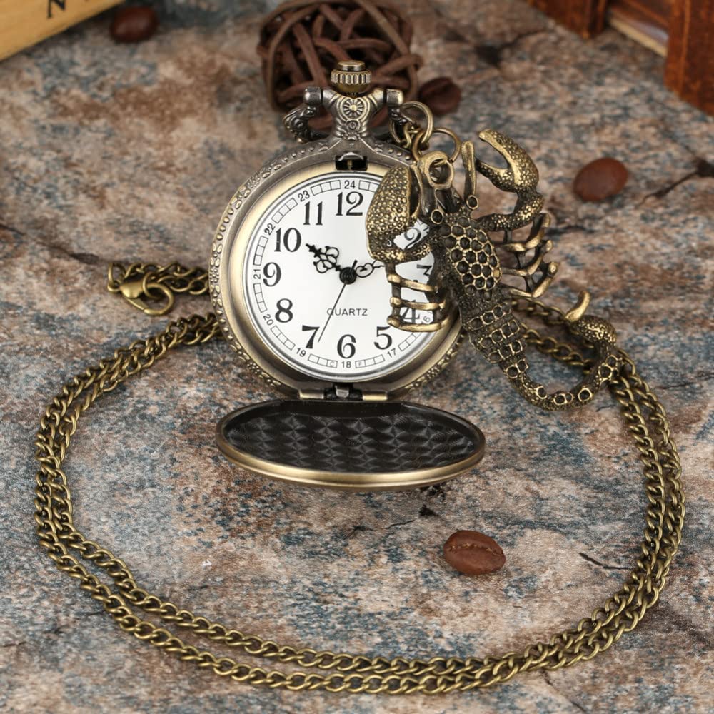 JFNHUTL Reloj de Bolsillo de Cuarzo de Bronce con diseño de escorpión en 3D Antiguo y Retro, Colgante, Collar, Cadena, Reloj, joyería, Regalo con Accesorio de escorpión
